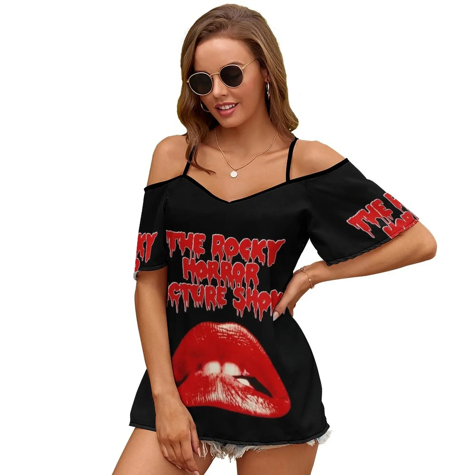 The Horror Picture Show Slit Sleeve Cold Shoulder Print Women T Shirt Casual Summer Tee Tshirt Loose Top Horror Horror Picture