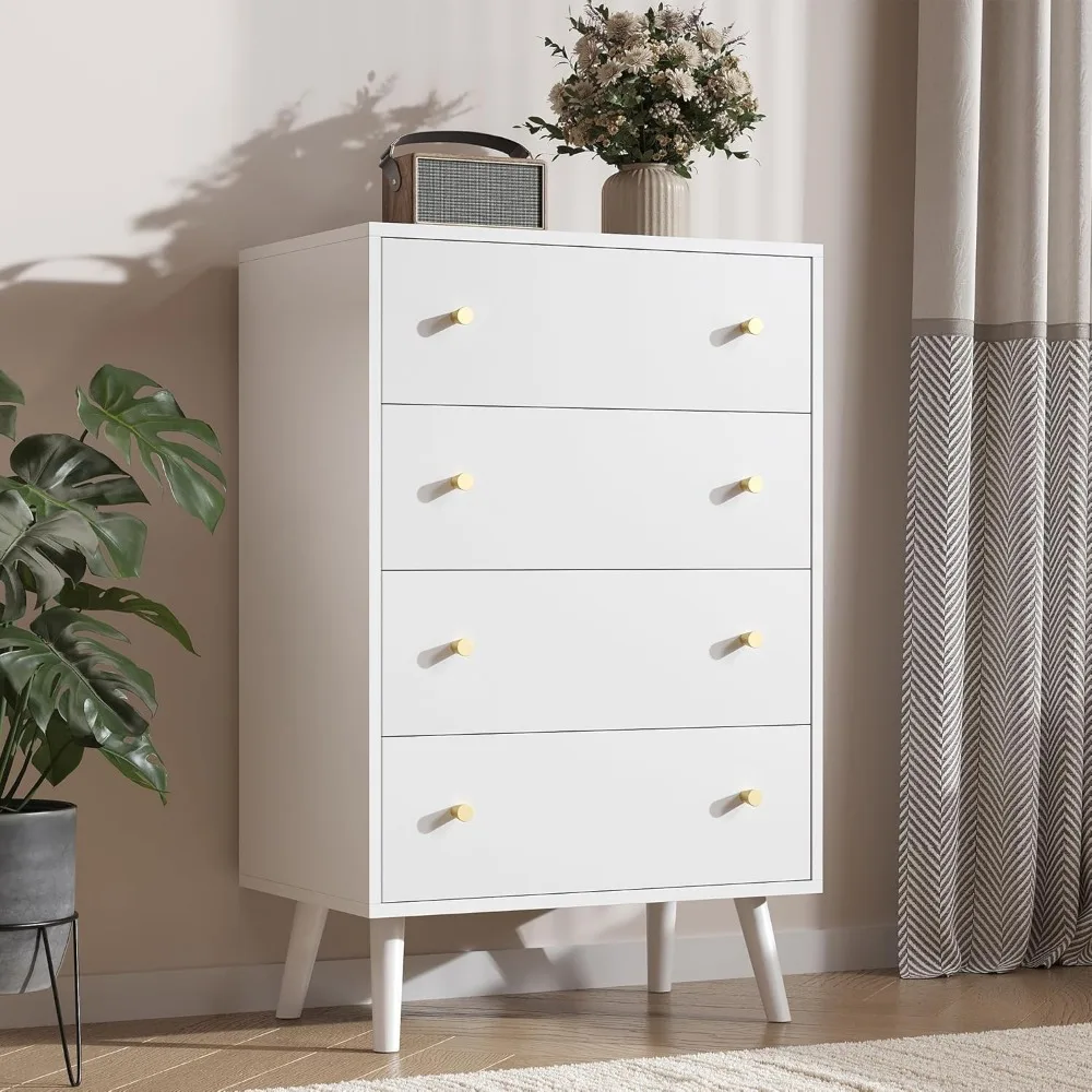 

White Dresser for Bedroom, Modern White Dresser with 4 Drawers, Tall Dressers Chest of Drawers with Gold Knobs