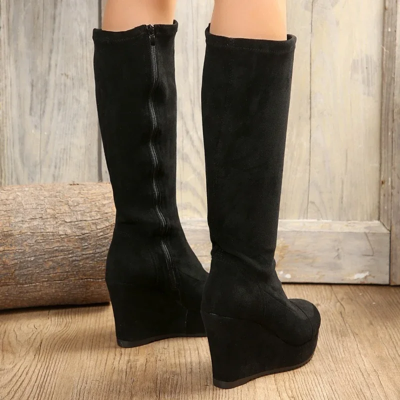 2023 Winter Punk Gothic Wedge Heel Suede Women\'s Boots Classic Party Chic Knee High Boots Gothic Platform Shoes for Women
