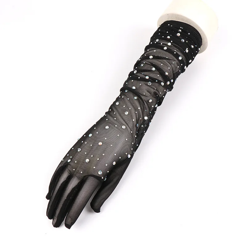 Sexy Black Silk Gloves 55cm Women\'s Thin Summer Driving Cycling Sun Protection Arm Sleeves Halloween Party Mesh Diamond Mittens