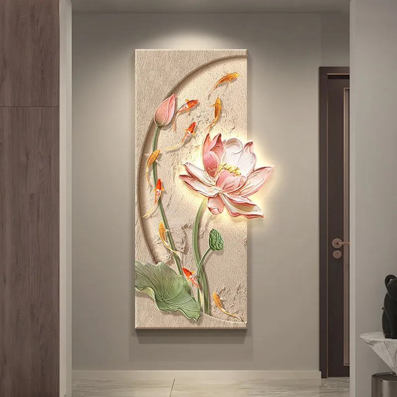 New Chinese Style Entrance Led Decorative Painting Lotus And Nine Fish Painting Home Decoration Living Room Corridor Mural Light