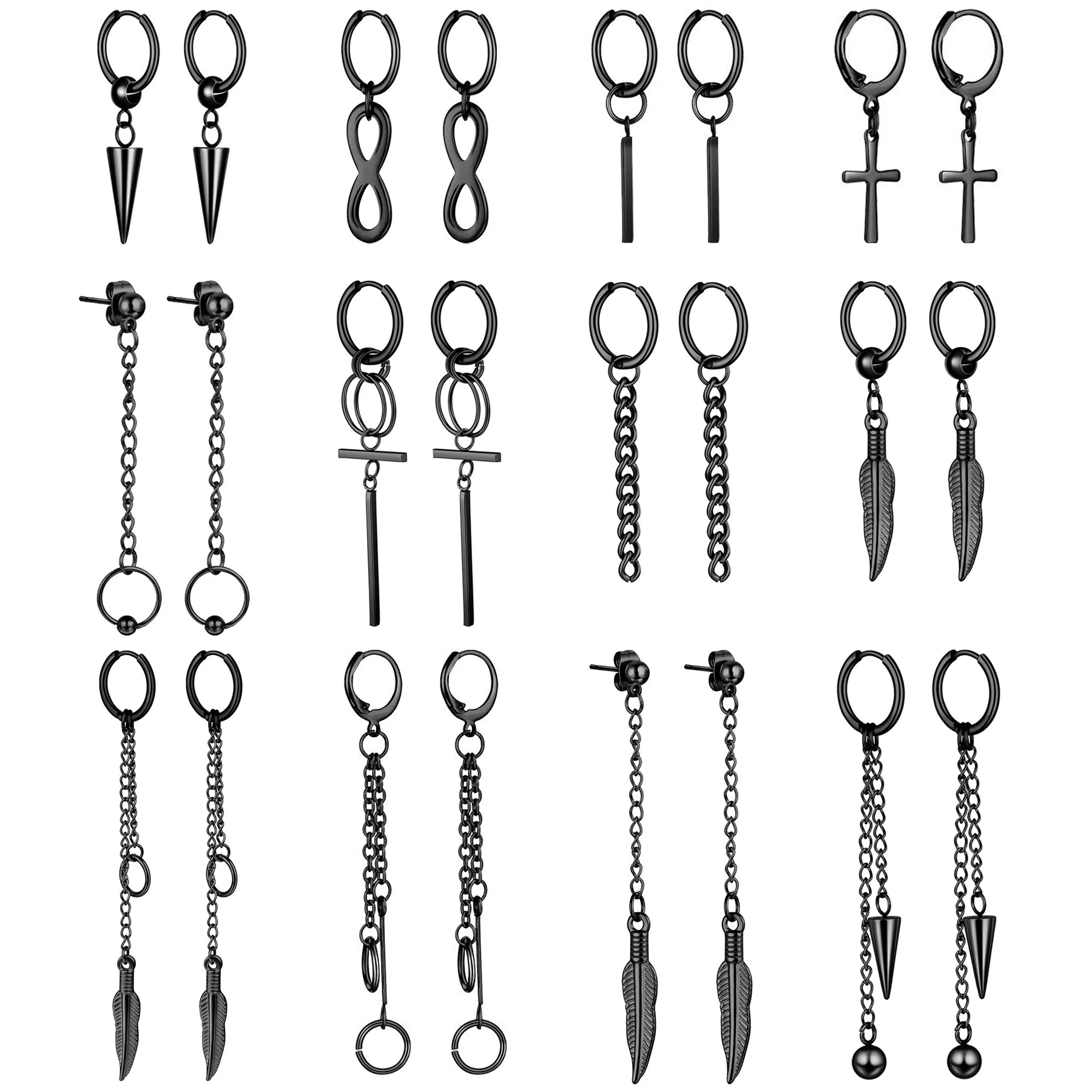 BONISKISS 12pairs Men Women Stainless Steel Cross Chain Feather Spike Rivet Ball Hoop Earrings Drop Dangle Huggied Ear Studs Set