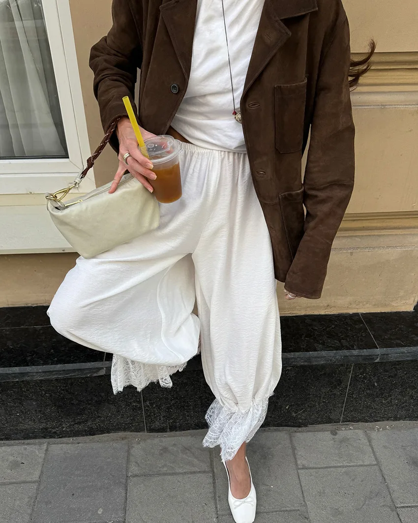 BKLD 2025 Autumn Women Clothing Fashion Hollow Out Lace Edge Elastic Band Casual Loose Ruched High Waist Haren Pants White