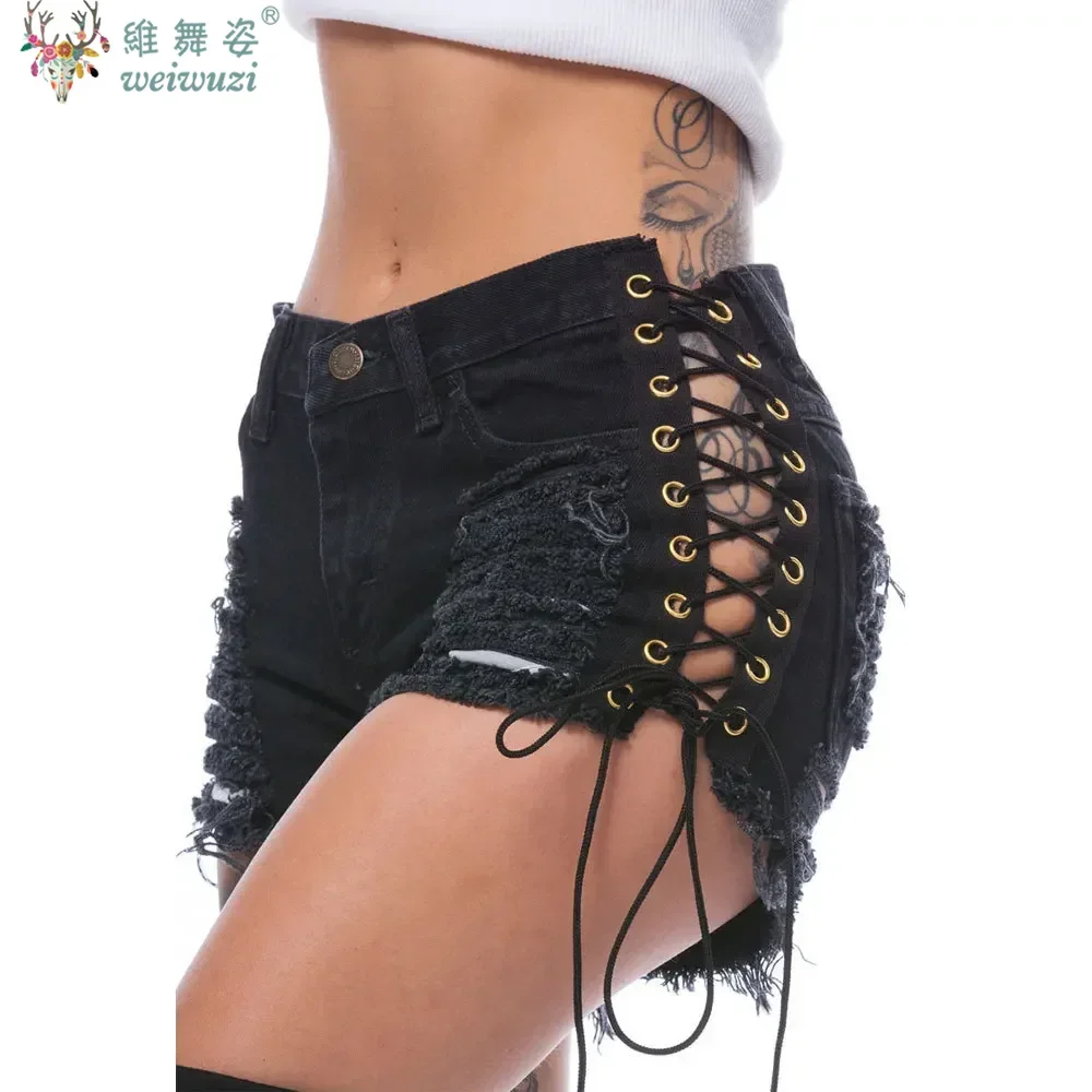 Women's Jeans Lace Up Hollow-out Beach Party Denim Shorts Y2k Sexy Nightclub DJ Pole Dance DS LowWaist Shorts Slim Fit Hot Pants