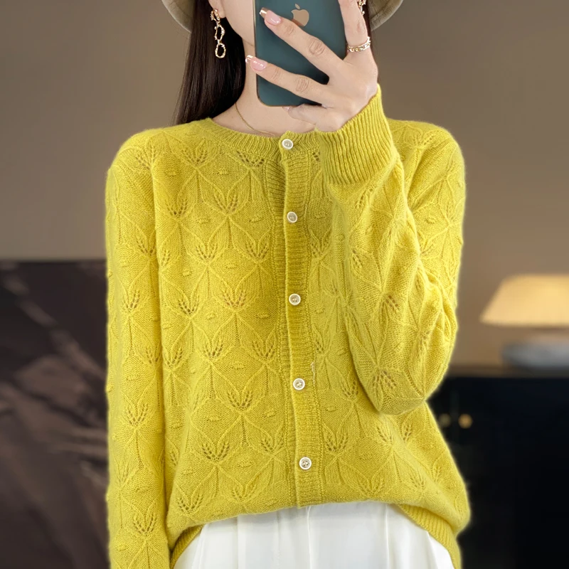 100% Merino wool spring and autumn women\'s sweater O-neck long sleeve cardigan hollow soft sweater Korean fashion women\'s dress