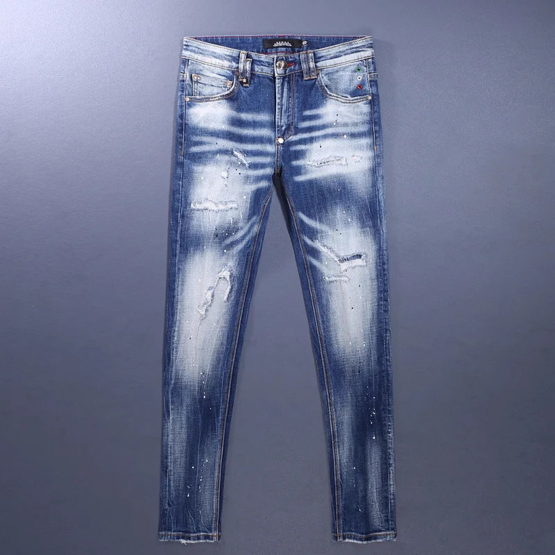 

Уличный дизайнер Модные мужские джинсы Высокое качество Ретро Синие эластичные облегающие рваные джинсы с заплатками Мужские брендовые джинсовые брюки в стиле хип-хоп