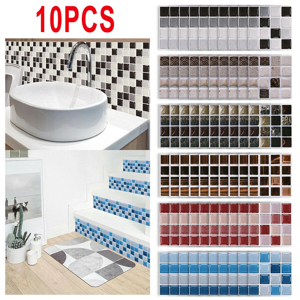 10Pcs Mosaic Wall Sticker Retro PVC Waterproof Tile Stickers Bathroom Kitchen Home Self-Adhesive Wall Decal Decoration