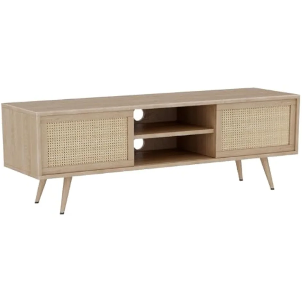 

TV Stand for 55 Inch TV, Mid Century Modern TV Stand Entertainment Center Rattan Media Console Table with Sliding Open Storage C
