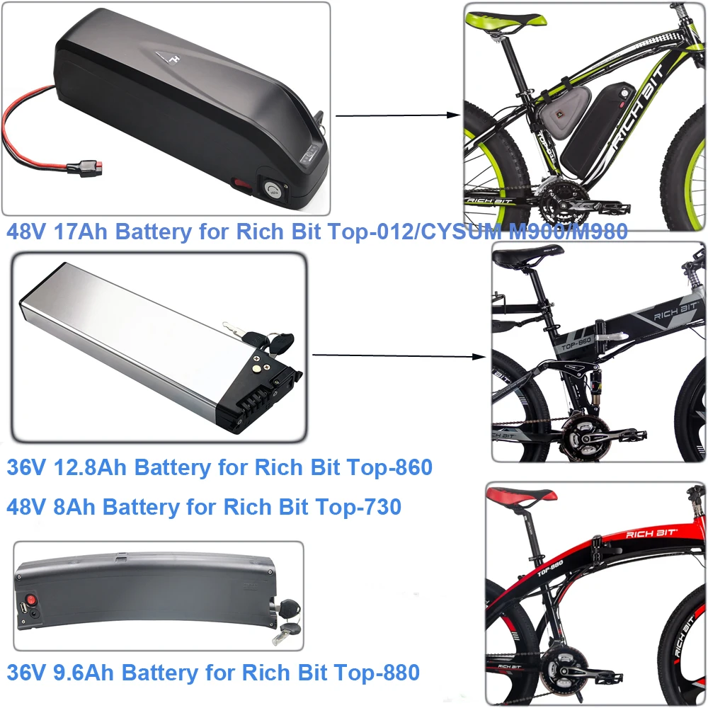 48V 17Ah 36V 9.6Ah 10.2Ah 12.8Ah 14Ah Folding Electric Bike Battery Rich Bit TOP-860 TOP-730 TOP-880 TOP-012 CYSUM M900 M980