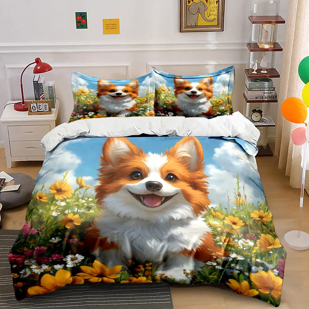 Cute corgi in vibrant flower field Duvet Cover Set with 3D Printing Design Soft Polyester Bedding Set All-Season Comfort