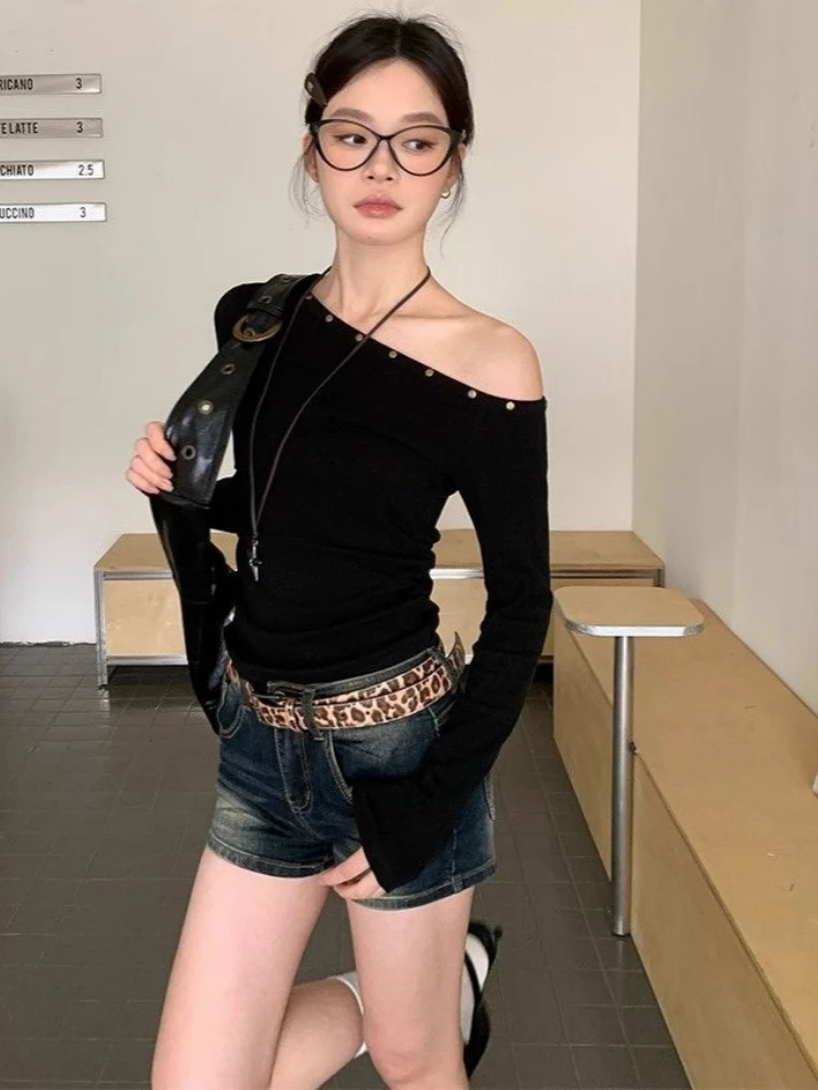 الخريف خمر برشام بلايز الشارع الشهير المرأة انحراف طوق الجرونج تيز Harajuku غير النظامية مطوي Bodycon التي شيرت