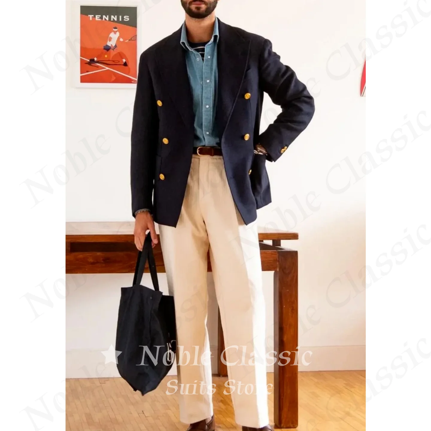Mens Double Breasted Gold Button Italian Suit Two Pieces Peak Lapel Wool Blazer Matching Trousers Formal Business Customized