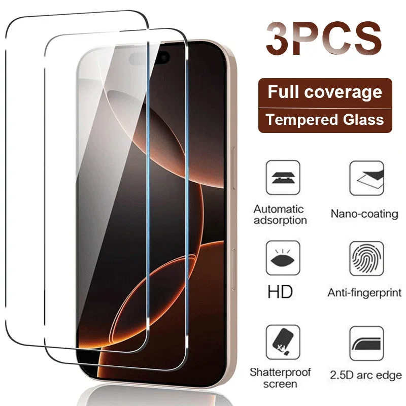 3pcs HD Full coverage Tempered Glass for iPhone 16 15 14 13 12 11 Pro Max 14 15 16 Plus Screen Protector Protective Glass