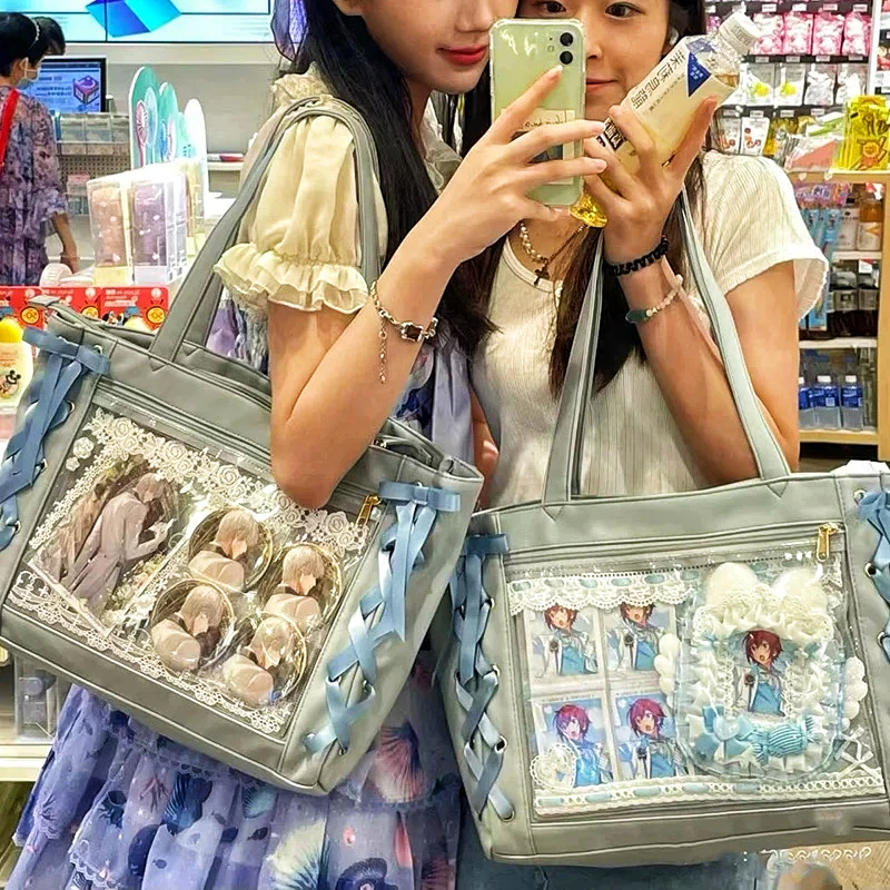 Bolsa Lolita com fita para mulheres sacola de grande capacidade bolsa de ombro estética bolsas transparentes, moda japonesa, mulheres doces, fofas