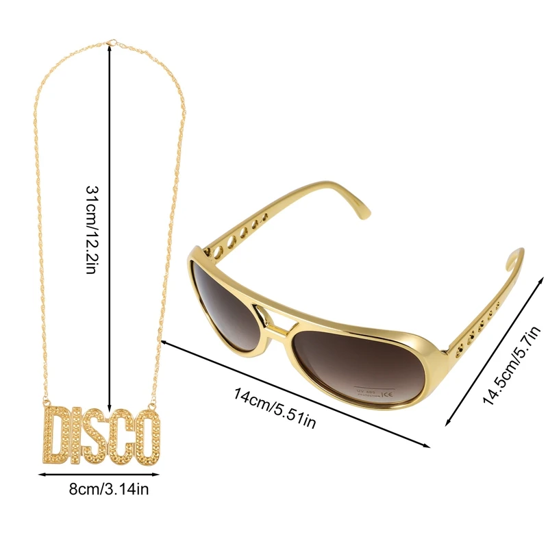 حفلة الهالوين 70s 80s ديسكو زي مجموعة شعر مستعار أفريقي + نظارات + قلادة ديسكو + اللحية شعر مستعار اصطناعي تأثيري روك اكسسوارات