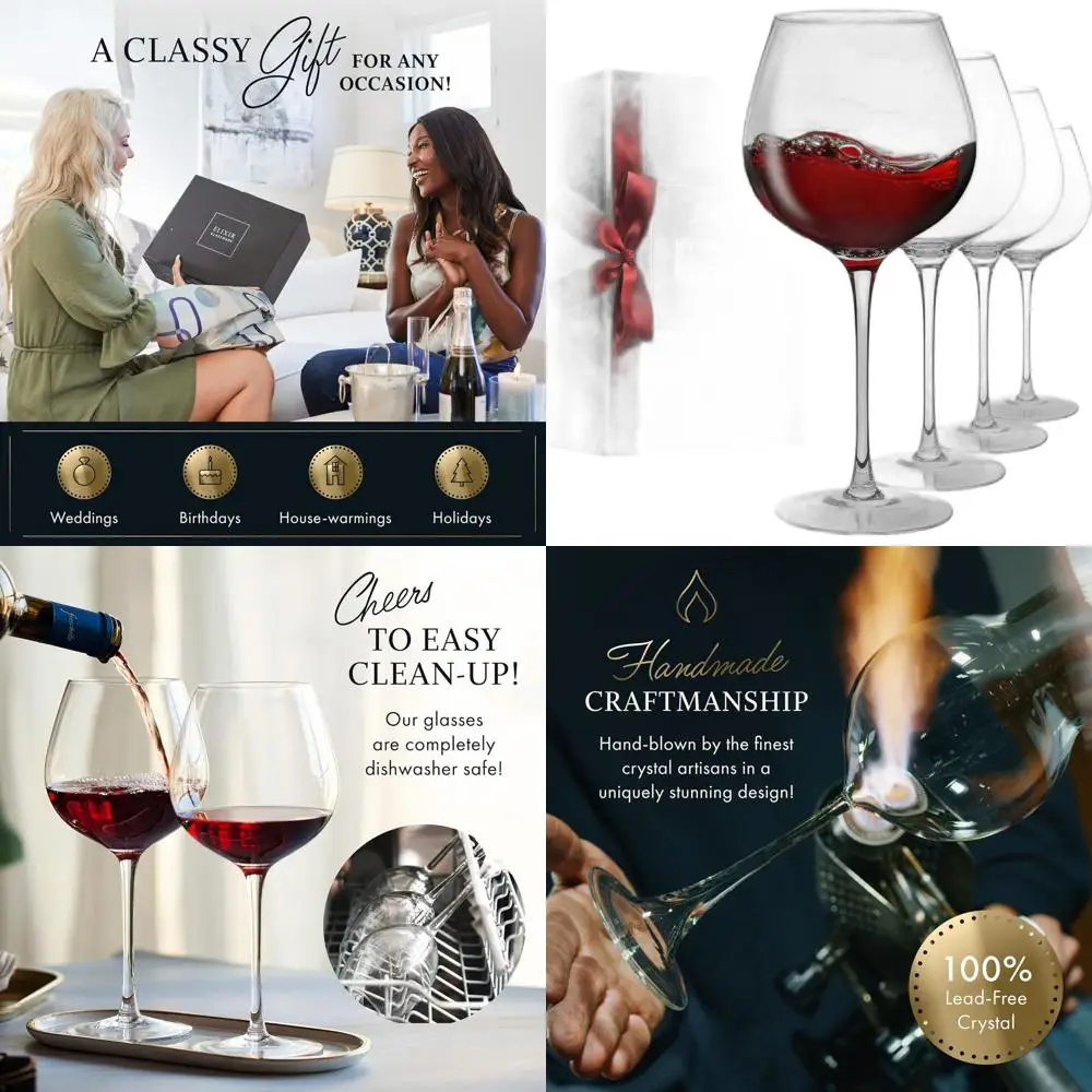 

Set of 4 Extra Large Hand Blown Crystal Red Wine Glasses - 22 oz Clear Stemware for Special Occasions