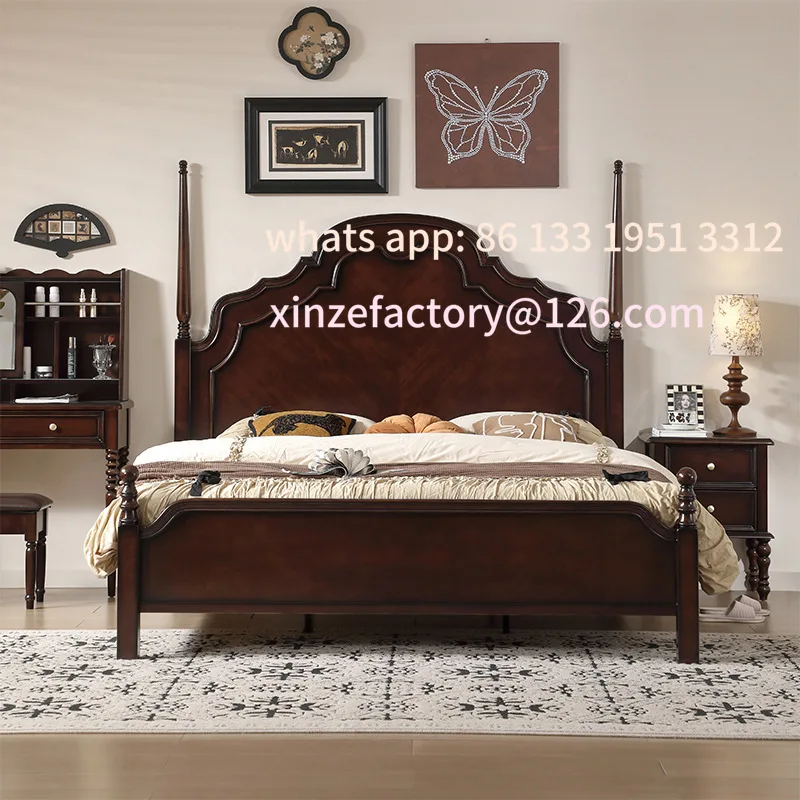 سرير من الخشب الصلب، سرير مزدوج أسود عالي الجودة، سرير فرنسي قديم، بسيط، طراز القرون الوسطى، كبير #2