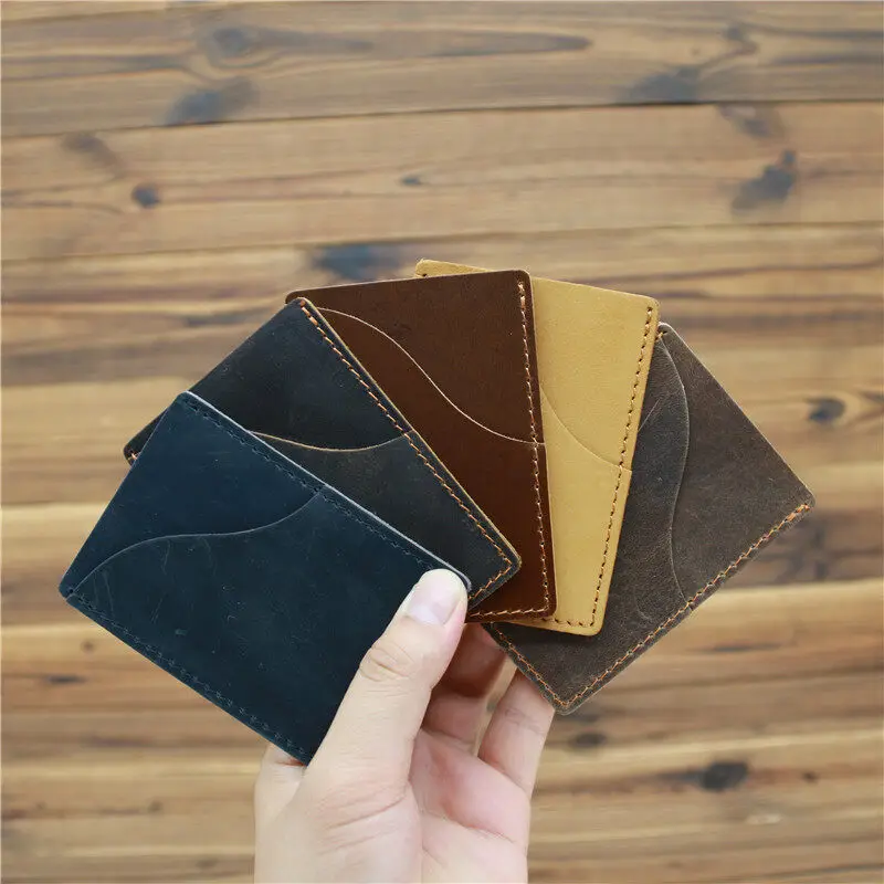 

Minimalism Mens Real Crazy Horse Leather Retro Brown Coffee Color Simple and Ultra-thin Card Cases
