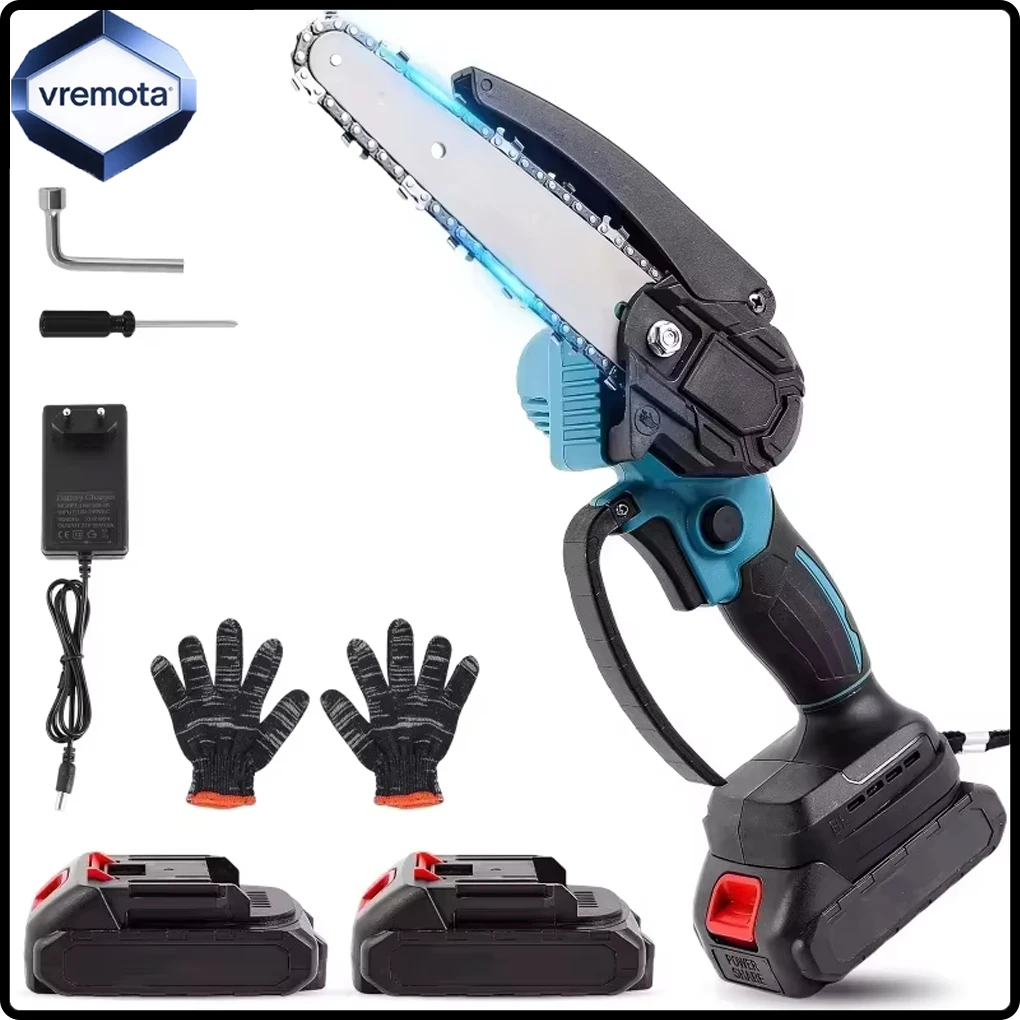 Mini Motosierra Vremota de 6 Pulgadas, Motosierra Inalámbrica de 18V con 0-130 ° Deflector protector giratorio, agarre cómodo, motor potente para poda de árboles