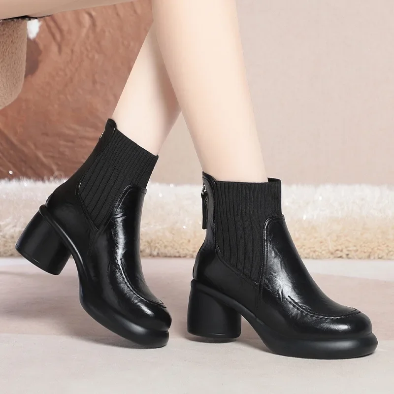 

Women's High Knitted Elasticity Chelsea Boots for Woman Platform Boots Autumn Shoes 2025 Women's Fashion Leather Winter Boots