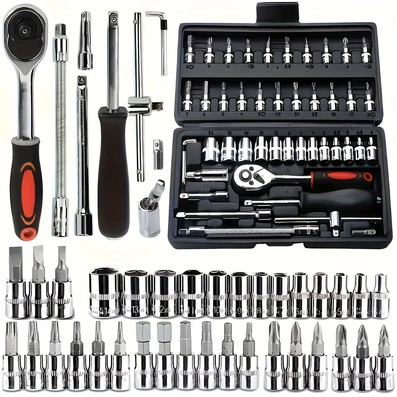 46pcs Car Repair Tools Kit, Carbon Steel Ratchet Wrench Socket Tool Box, for Machinists And Enthusiasts Repair Tools