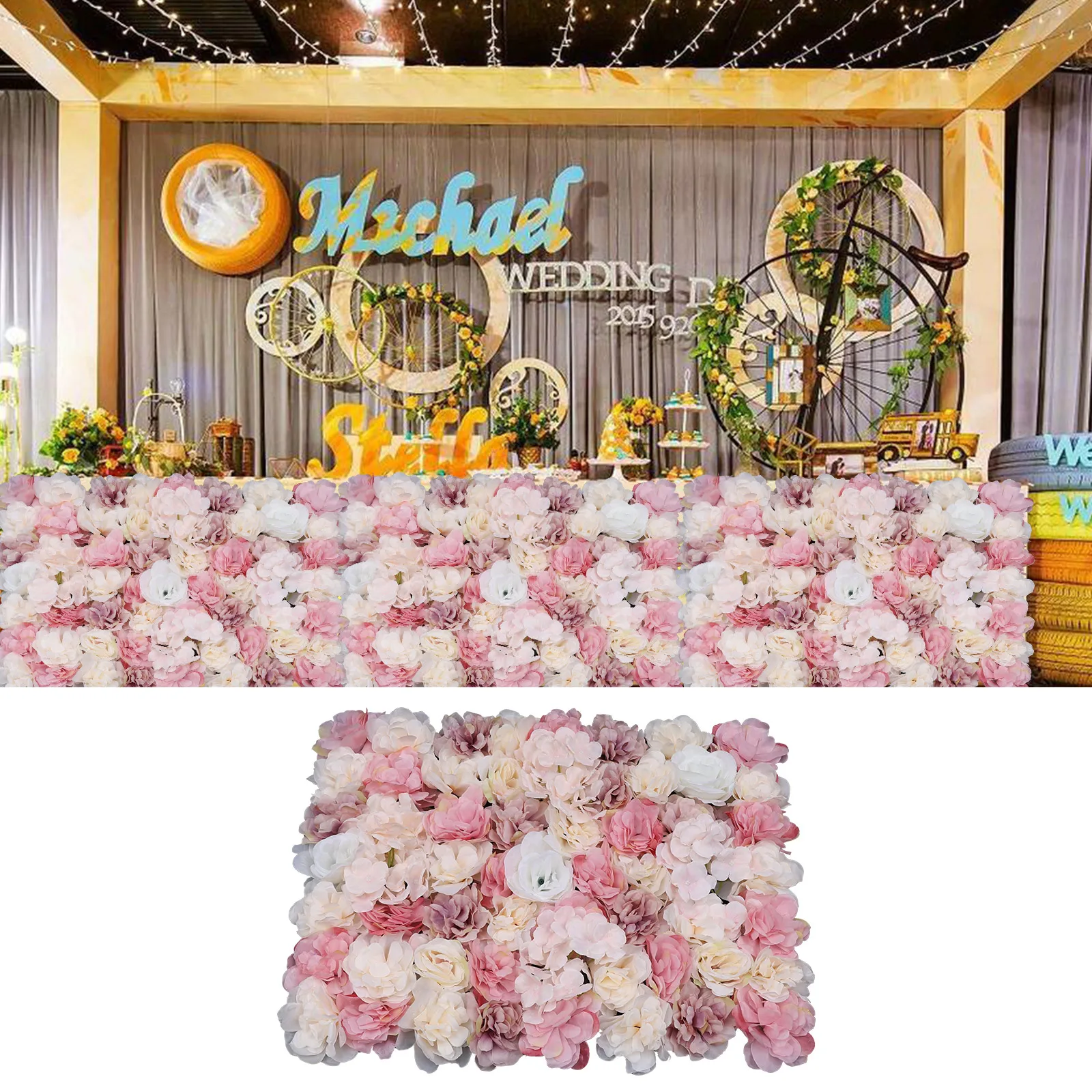 12Pcs Flower Wall Panel Artificial Flowers Hydrangea Rose Bouquet Backdrop For Photo Background Party Wedding Decor