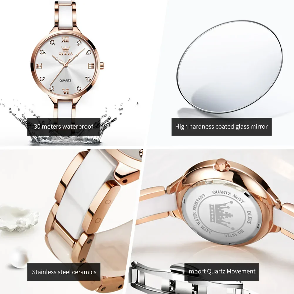 Olevs Luxe Rvs Vrouw Horloge Keramiek Band Quartz Polshorloge Waterdichte Elegante Horloges Voor Dames Dames Cadeau Set