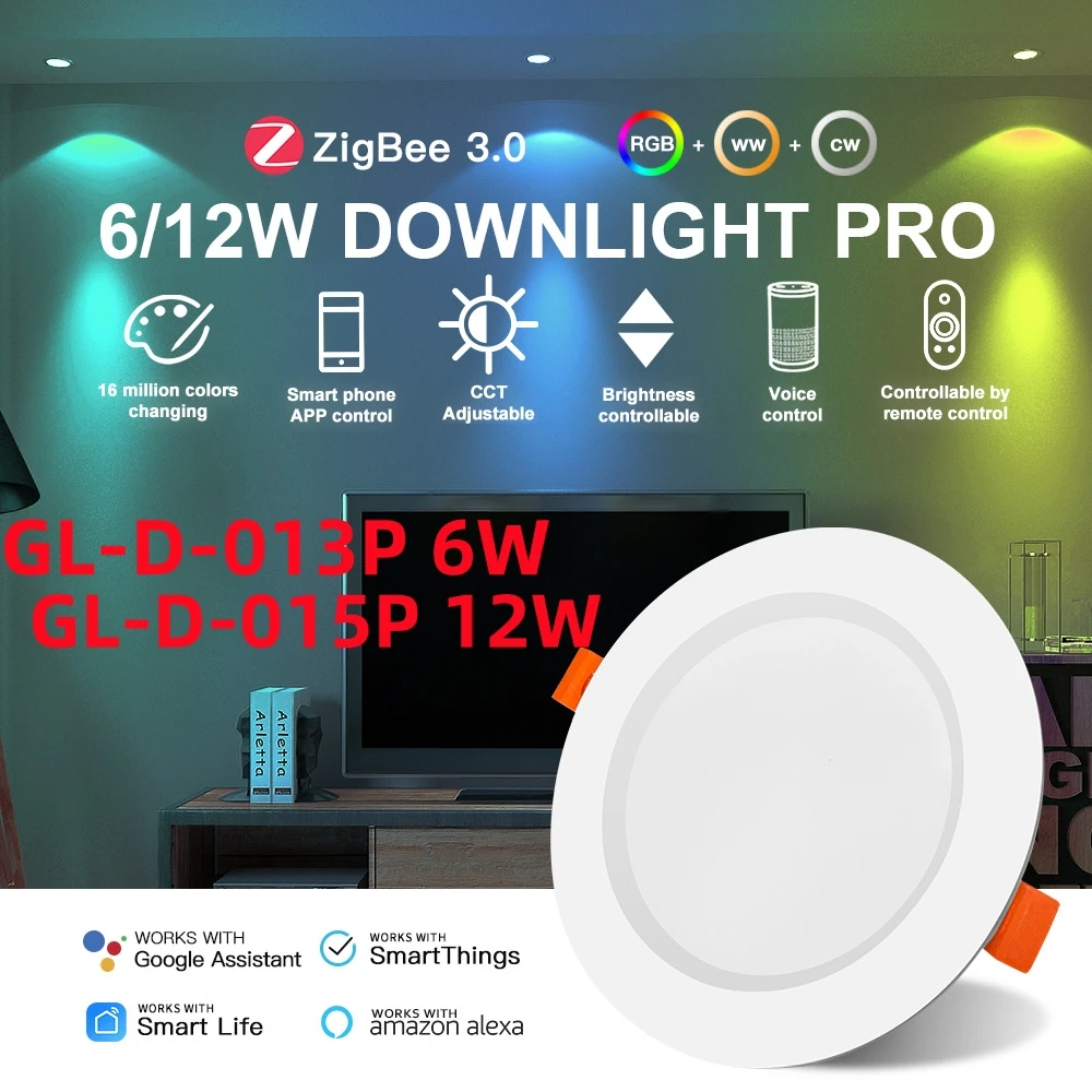 Gledopto zigbee3.0 6w 12w 3.5 Polegada rgbcct led downlight cri 90 + teto recesso luz app voz alexa zigbee2mqtt conbee2 tuya