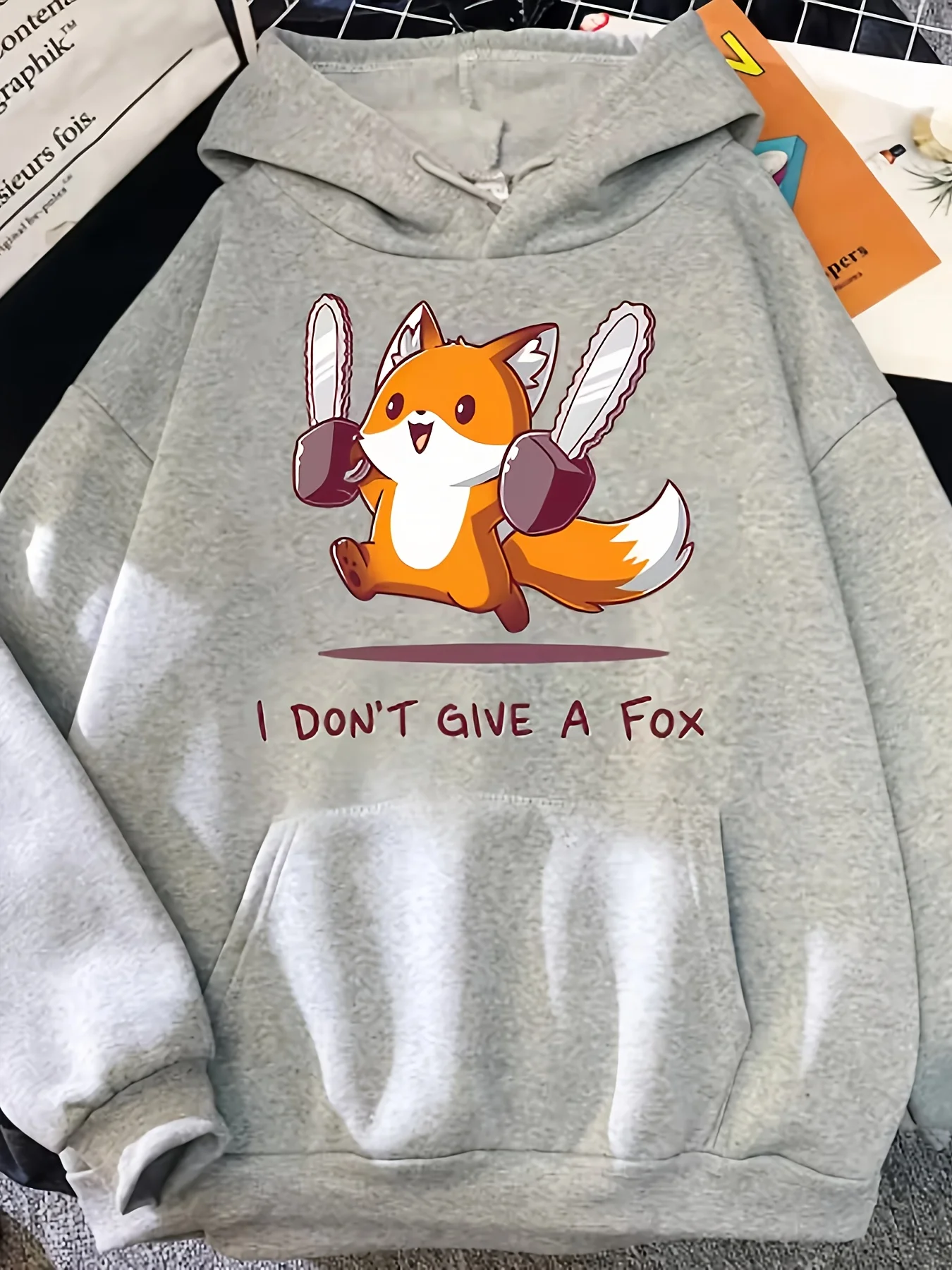Felpa con cappuccio da uomo con stampa volpe vintage - Grafica "I Don't Give a Fox", pullover casual stile street con tasca a marsupio, grigio, morbido Pol