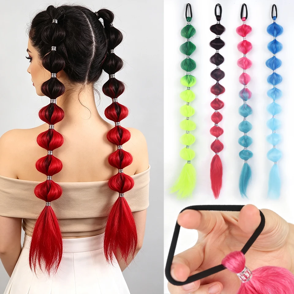 Synthetic Color Matching Silver Buckle Bubble Ponytail Braid Hair Accessory Suitable for Daily Holiday Wear By Women and Childre