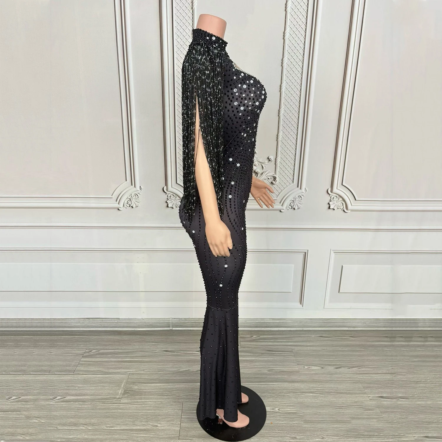 Czarny kombinezon z długimi frędzlami z dżetów, strój do klubu nocnego, dla DJ-a, do tańca na rurze, odzież damska do tańca jazzowego, strój na festiwal, odzież rave, XS10748