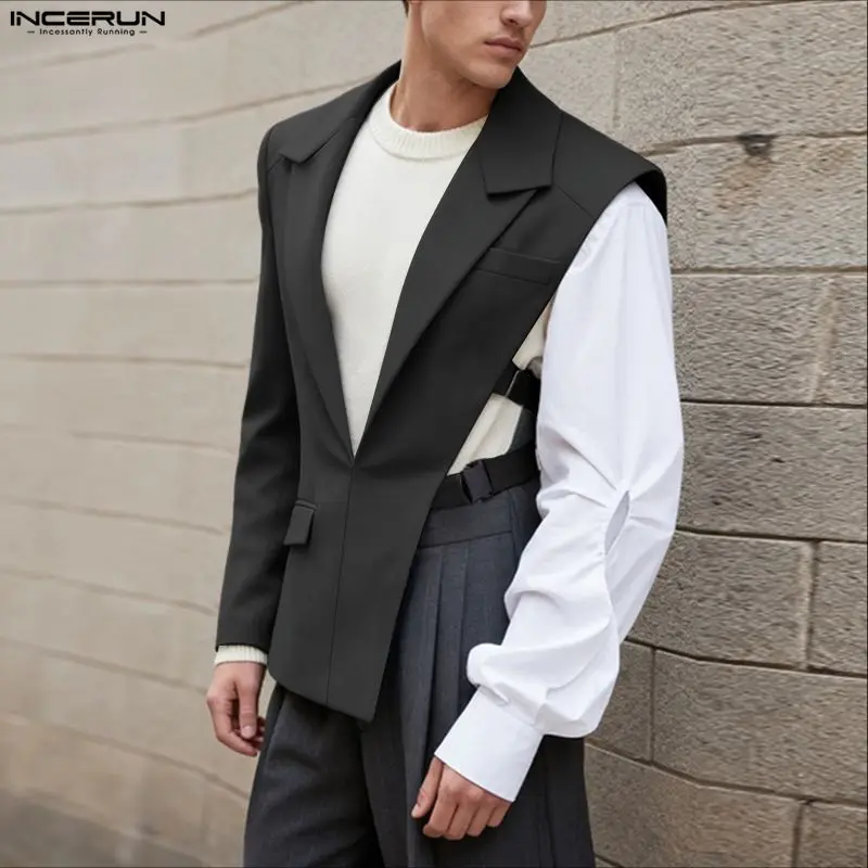 INCERUN Men Irregular Blazer Solid Color Lapel Long Sleeve Male Suit Hollow Out Streetwear Fashion Casual Thin Coats Men S-5XL