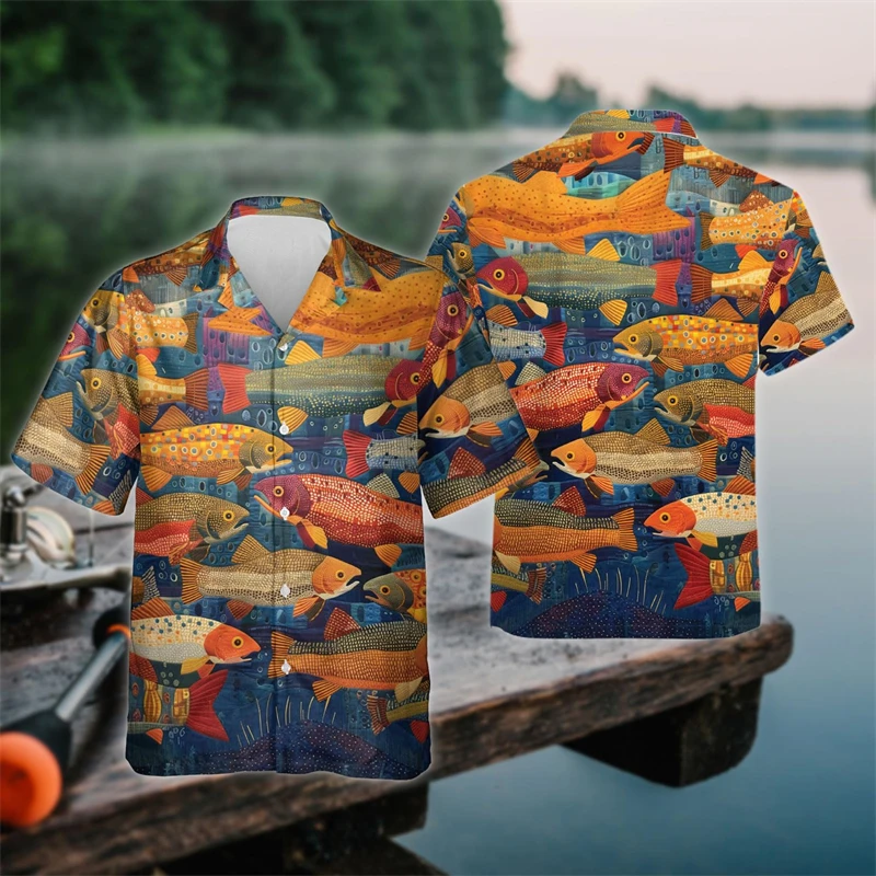 Camisa con estampado 3D de peces marinos para hombre y mujer, ropa de calle informal, blusa Hawaiana de manga corta, ropa de verano