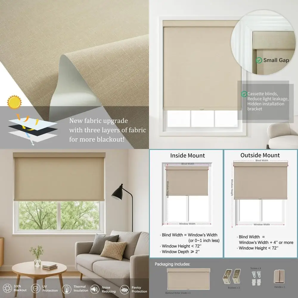 

Беспроводные затемняющие роликовые шторы, льняная ткань с УФ-блокировкой, теплоизоляция, 30x72 бежевый для дома и офиса