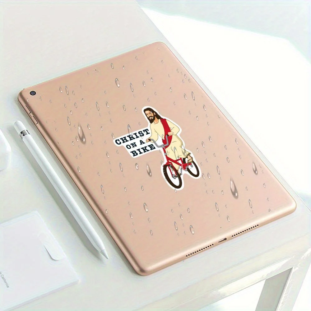 

Забавная виниловая наклейка на бампер автомобиля «Христос на велосипеде»: юмористический дизайн с изображением Иисуса, ездящего на красном велосипеде