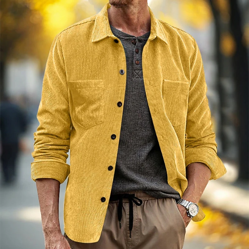 Spring Fall Daily Leisure Mens Vintage Corduroy Shirt Solid Color Pockets Button-Up Shirt Men Streetwear Long Sleeve Blouse Man