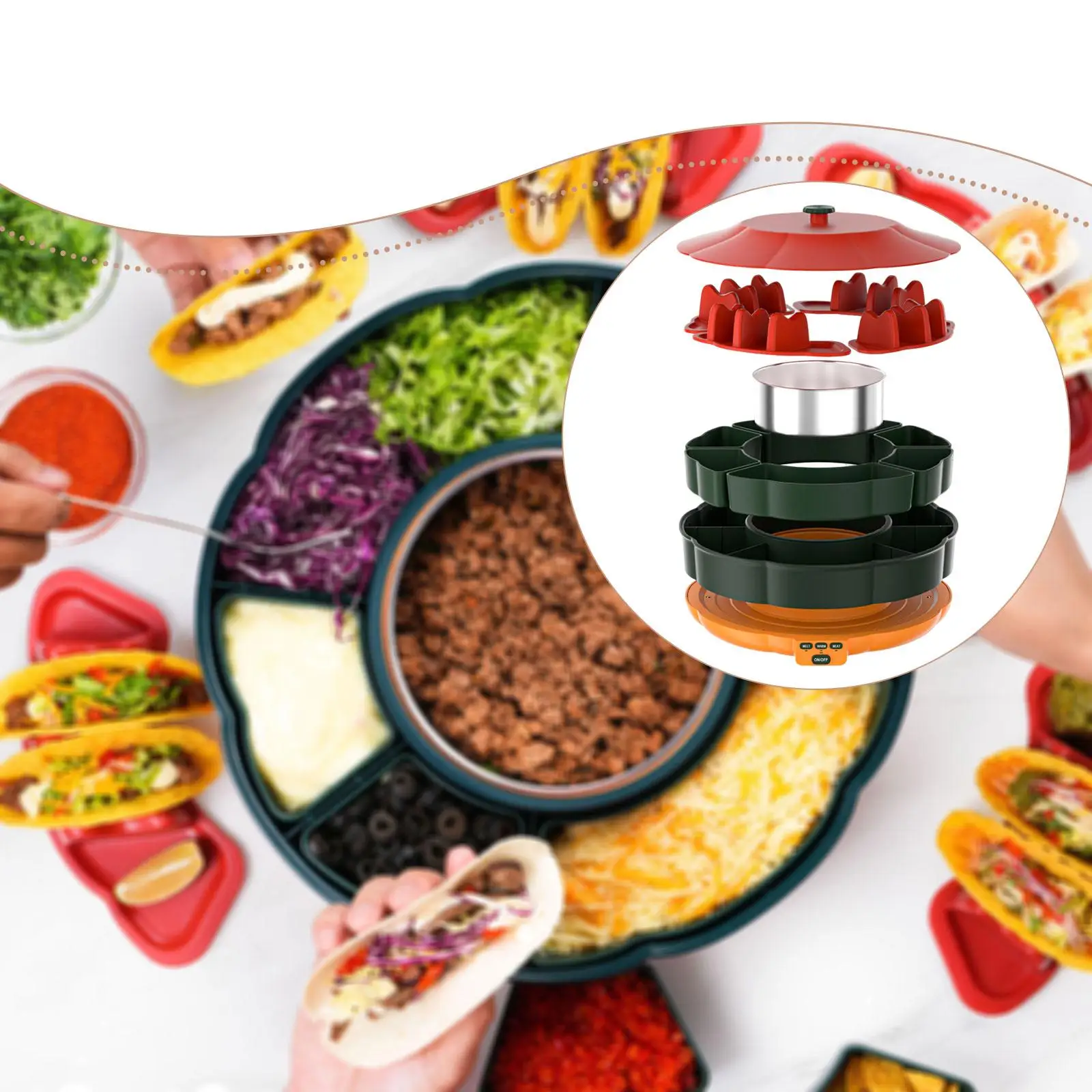 

Premium Taco Bar Serving Set 4 Taco Holders Removable Buffet Trays Chafing Dishes for Birthday Celebration