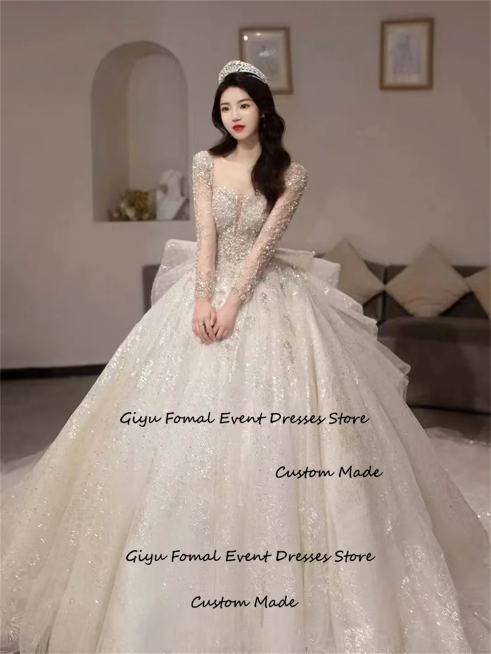 Giyu Exquisite a-line abito da sposa per donna Shining Beaded Sweetheart Collar Bow Floor-length Vestidos Novias Boda