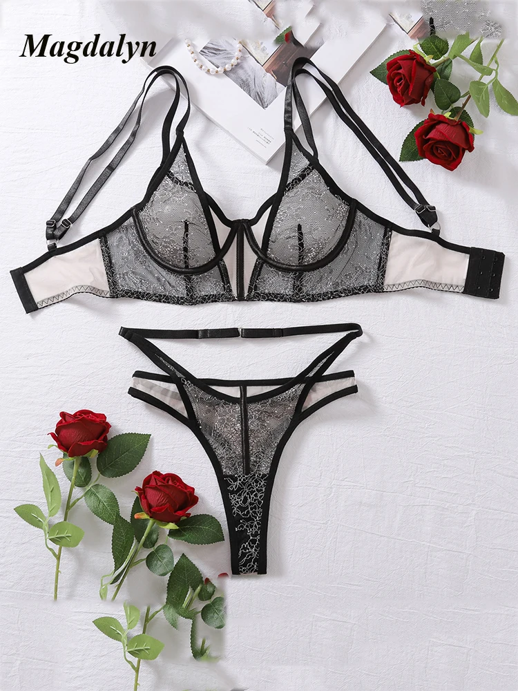 

Magdalyn Sexy Female Lingerie Underwire Push Up Mesh Bra Brief Suit Embroidered Underwear Sheer Bras Erotic Sexy Adult Costumes