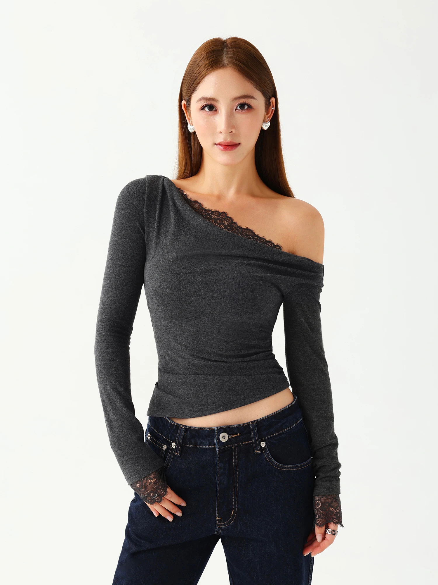 Elegant Long Sleeve Lace T-Shirt Women's Side Shoulder Ruffle Neck Splice Design Slim Fit Inner Wear Top by NEVA HU