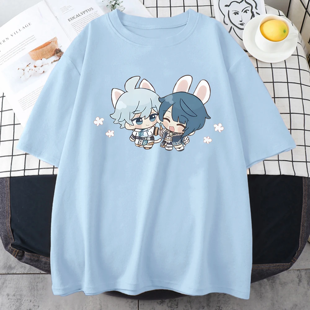 Футболка Xingqiu и Chongyun Bunny Cute Genshin Impact, женские милые топы из 100% хлопка, летние повседневные Высококачественные футболки с милым принтом