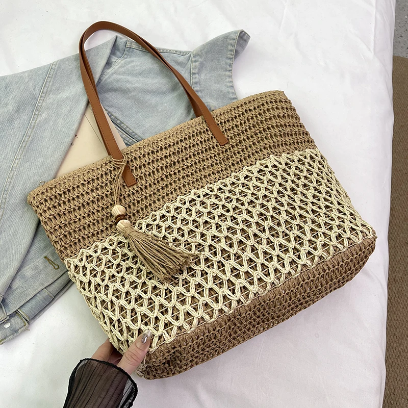 

Summer Straw Women Vacation Woven Beach Shoulder Bag Large Capacity Hollow Out Simple Tote Bag Bohemian bolso mujer
