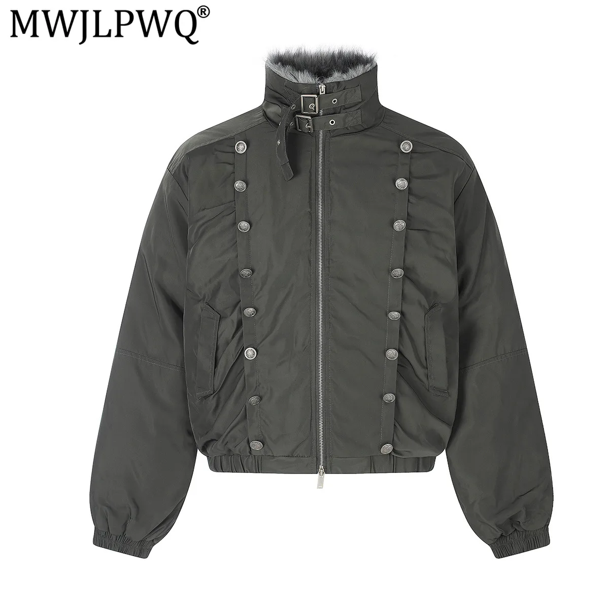 MWJLPWQ Winter Fleece-Lined Cotton Jacket Men's Retro Button Design American Street Long Sleeve Stand Collar Quilted Tops 21367