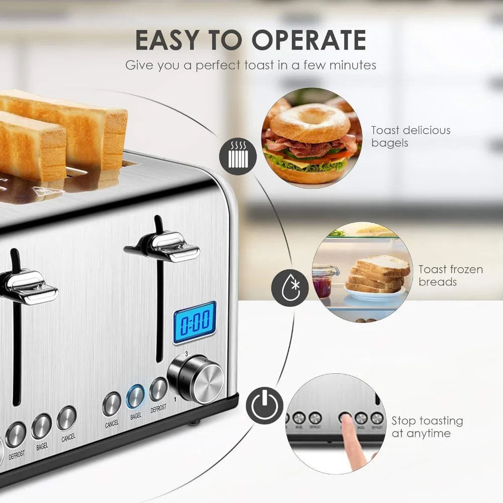 Grille-pain à 4 tranches en acier inoxydable, compte à rebours avec bagel, dégivrage, fonction d'annulation, fentes extra larges, 1650W