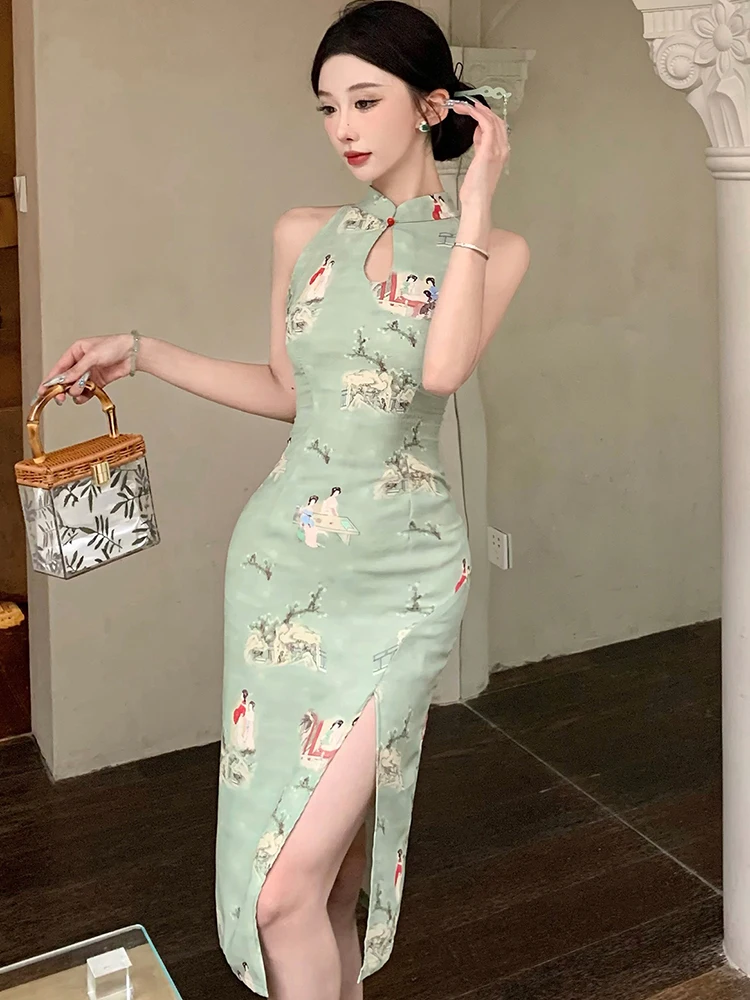 2024 New Green Print Hollow Out Stand Collar Midi Dress Summer Elegant Bodycon Slit Dress Women coreano Vintage Luxury Prom Dress