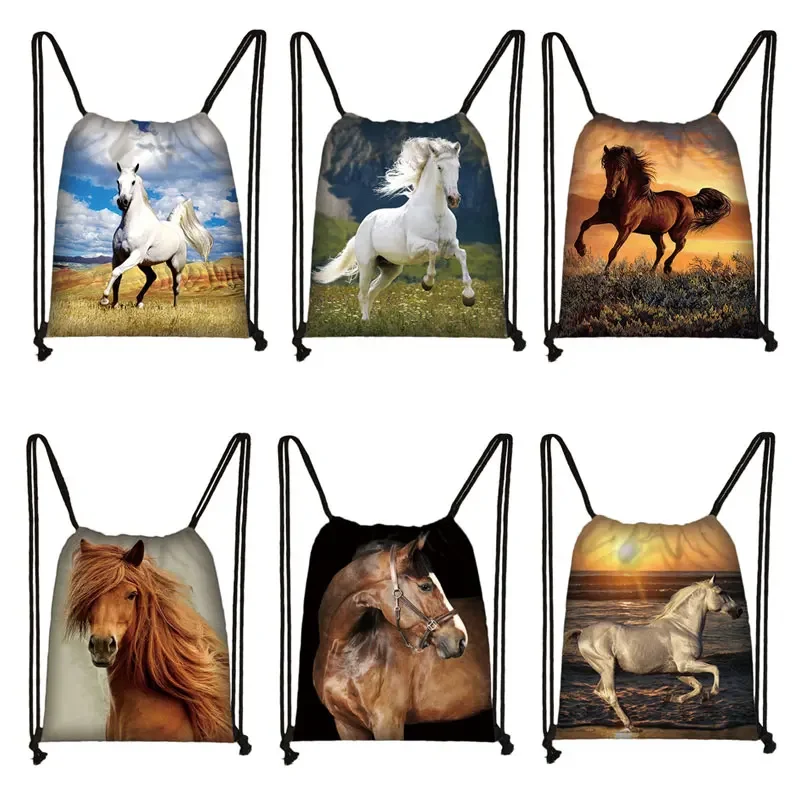 Galloping Animal Horse Print Drawstring Bag Women Fashion Storage Bags for Travel Backpack Girls Bookbag Shoes Holder Gift