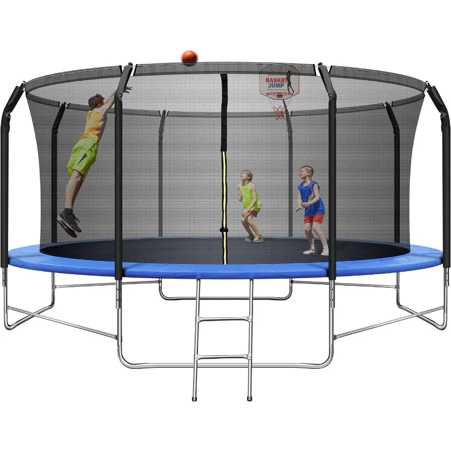 

14FT Outdoor Recreational Trampoline with Balance Bar Basketball Hoop 1.4MM Thickened Steel Frame Green Color ASTM Approved Rei