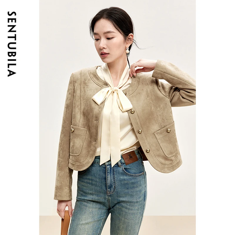 SENTUBILA Texture Loose Fit Jackets for Women 2024 Winter Retro Metal Single Breasted Crew Collar Cropped Tops Ladies 143W56459