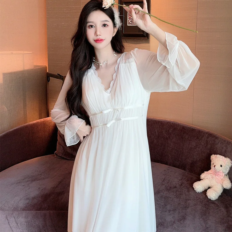 

Summer Fashion Princess Sweet Sleepwear Dress Women Mesh Modal Gown Elegant Long Sleeve Lace Lingerie Palace Style Nightdress