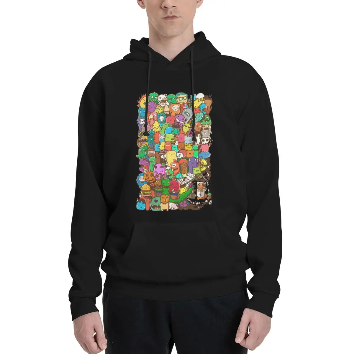 Colorful Doodle Characters Hoodie For Men Women Pullover Long Sleeve Sweatshirts Drawstring Hooded Shirt with Kanga Pocket